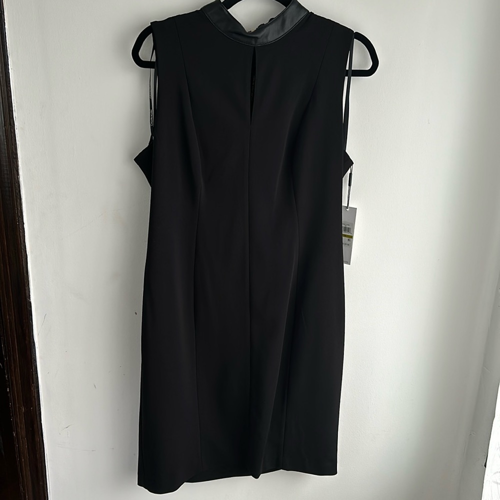 NWT Calvin Klein Black Sheath dress Size 14. Leather collar and gold back zip